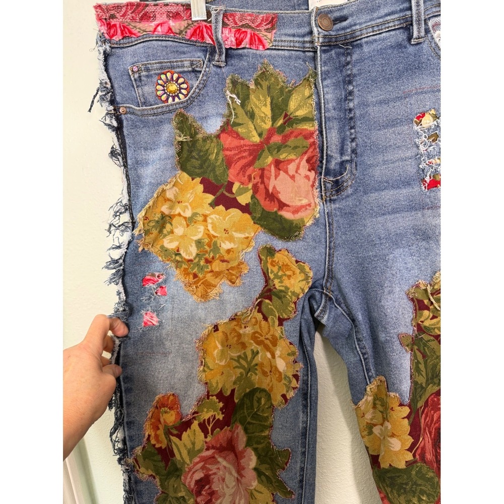 Angels Forever Young Custom Boho Floral Patchwork Jeans Upcycle Distressed - Picture 8 of 10